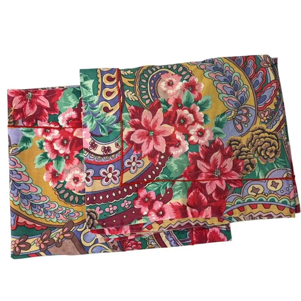 Vtg Cannon Floral Pillow Cases Pair Pointsetta Red Xmas Holiday Sham 30.5x24.5